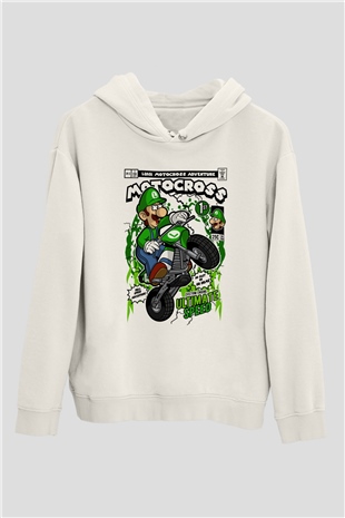 Luigi Motocross Baskılı Unisex Beyaz Hoodie