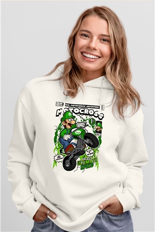 Luigi Motocross Baskılı Unisex Beyaz Hoodie