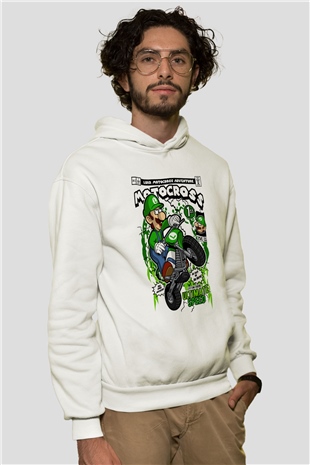 Luigi Motocross Baskılı Unisex Beyaz Hoodie