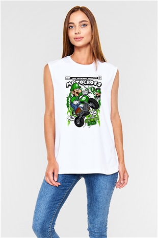 Luigi Motocross Baskılı Unisex Beyaz Kolsuz Tişört
