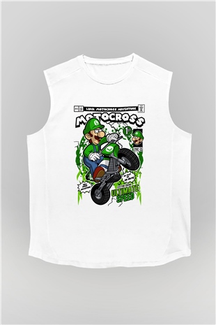Luigi Motocross Baskılı Unisex Beyaz Kolsuz Tişört