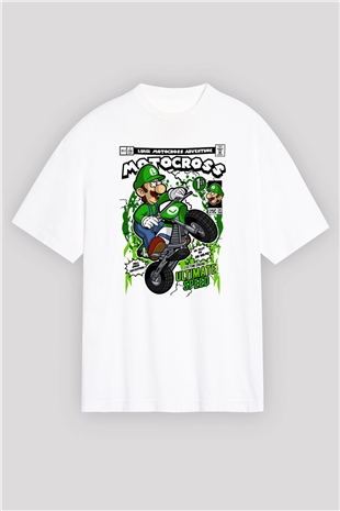 Luigi Motocross Baskılı Unisex Beyaz Oversize Tişört