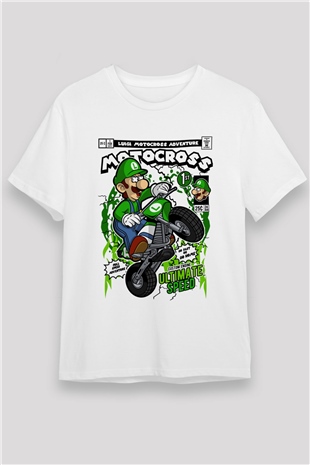 Luigi Motocross Baskılı Unisex Beyaz Tişört