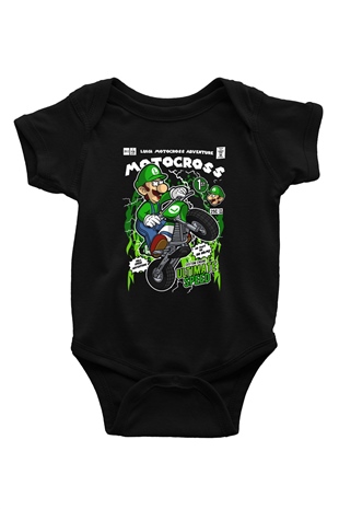 Luigi Motocross Baskılı Unisex Siyah Bebek Body - Zıbın