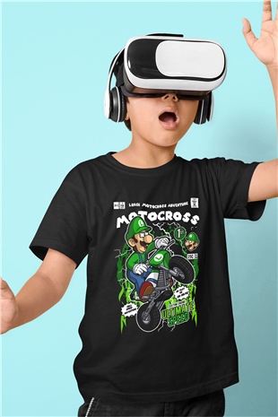 Luigi Motocross Baskılı Unisex Siyah Çocuk Tişört