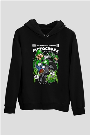 Luigi Motocross Baskılı Unisex Siyah Hoodie