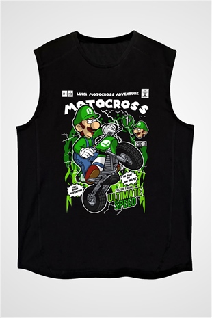 Luigi Motocross Baskılı Unisex Siyah Kolsuz Tişört