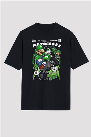 Luigi Motocross Baskılı Unisex Siyah Oversize Tişört