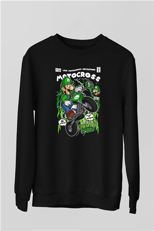 Luigi Motocross Baskılı Unisex Siyah Sweatshirt