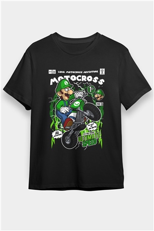 Luigi Motocross Baskılı Unisex Siyah Tişört