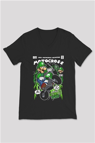 Luigi Motocross Baskılı Unisex Siyah V Yaka Tişört