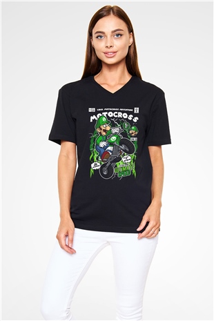 Luigi Motocross Baskılı Unisex Siyah V Yaka Tişört