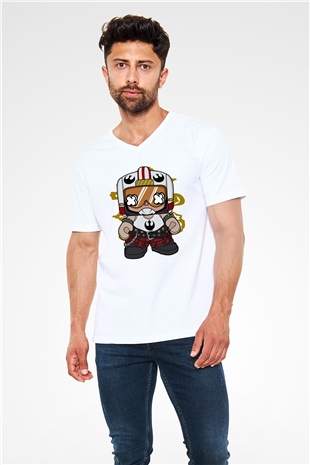 Luke Skypunk Baskılı Beyaz Unisex V Yaka Tişört