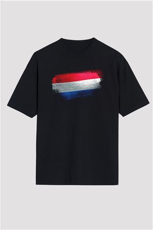 Lüksemburg - Luxembourg Bayrağı Baskılı Unisex Siyah Oversize Tişört