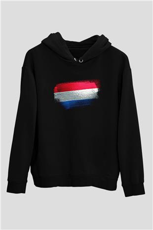 Lüksemburg - Luxembourg Bayrağı Baskılı Unisex Siyah Kapüşonlu Sweatshirt