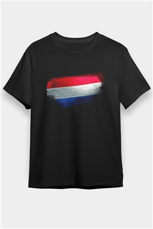 Lüksemburg - Luxembourg Bayrağı Baskılı Unisex Siyah Tişört