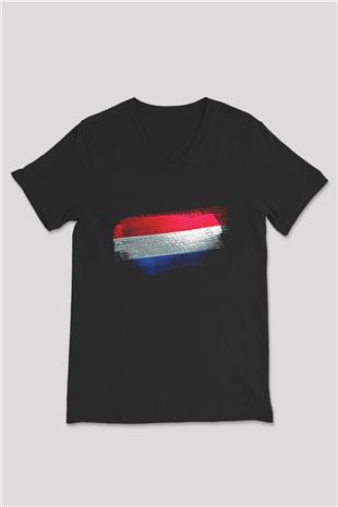 Lüksemburg - Luxembourg Bayrağı Baskılı Unisex Siyah V Yaka Tişört
