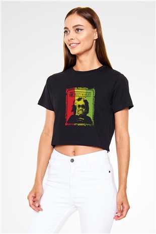 Mac Dre Baskılı Crop Top Siyah Kadın Tişört