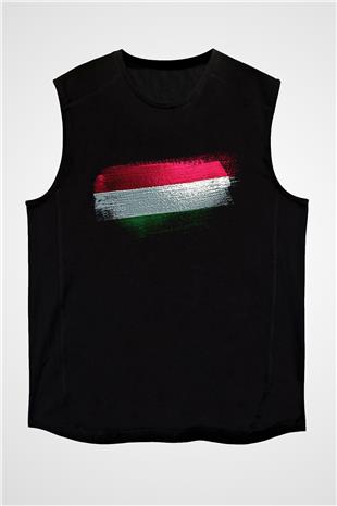 Macaristan - Hungary Bayrağı Baskılı Unisex Siyah Kolsuz Tişört