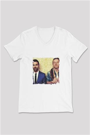 Macklemore Baskılı Beyaz V Yaka Unisex Tişört