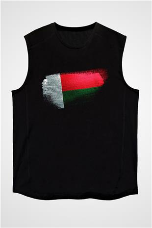 Madagaskar - Madagascar Bayrağı Baskılı Unisex Siyah Kolsuz Tişört