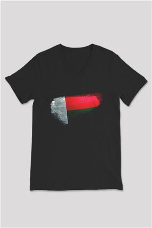 Madagaskar - Madagascar Bayrağı Baskılı Unisex Siyah V Yaka Tişört