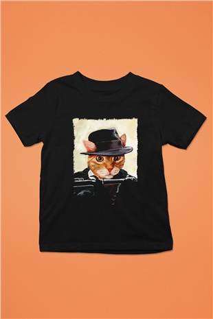 Mafya Kedi Baskılı Unisex Siyah  Çocuk Tişört