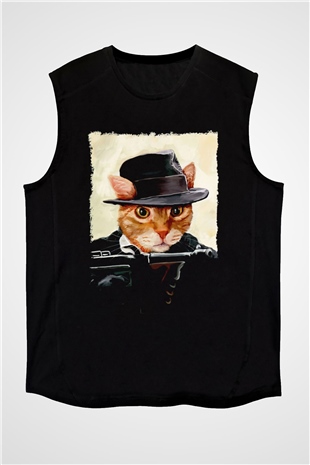 Mafya Kedi Baskılı Unisex Siyah  Kolsuz Tişört
