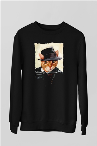 Mafya Kedi Baskılı Unisex Siyah  Sweatshirt