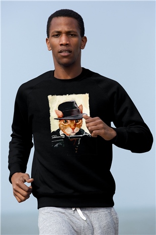 Mafya Kedi Baskılı Unisex Siyah  Sweatshirt