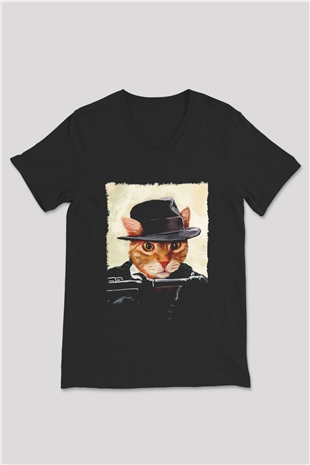 Mafya Kedi Baskılı Unisex Siyah  V Yaka Tişört