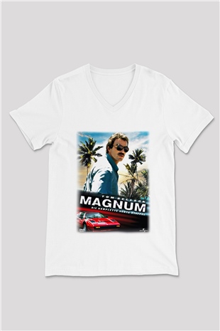 Magnum P.I. Beyaz Unisex V Yaka Tişört T-Shirt
