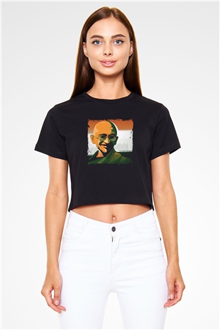 Mahatma Gandi Baskılı Siyah Kadın Crop Top Tişört