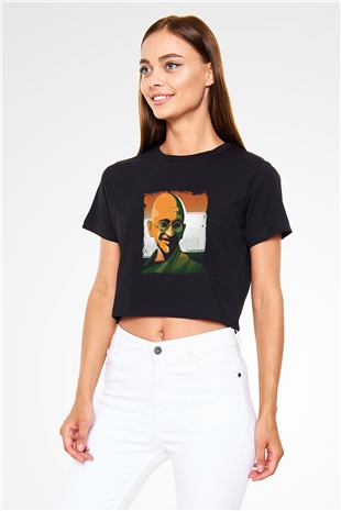 Mahatma Gandi Baskılı Siyah Kadın Crop Top Tişört