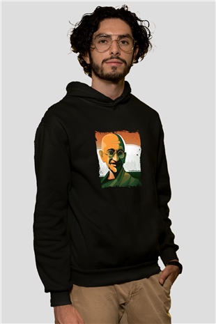 Mahatma Gandi Baskılı Unisex Siyah Hoodie