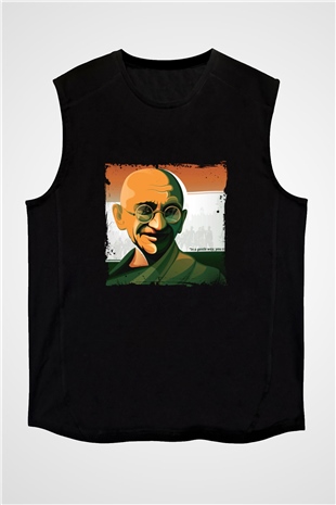 Mahatma Gandi Baskılı Unisex Siyah Kolsuz Tişört
