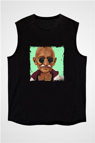 Mahatma Gandi Baskılı Unisex Siyah Kolsuz Tişört