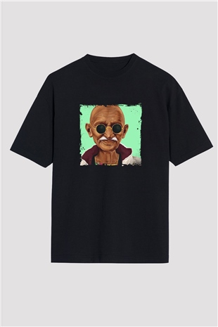 Mahatma Gandi Baskılı Unisex Siyah Oversize Tişört