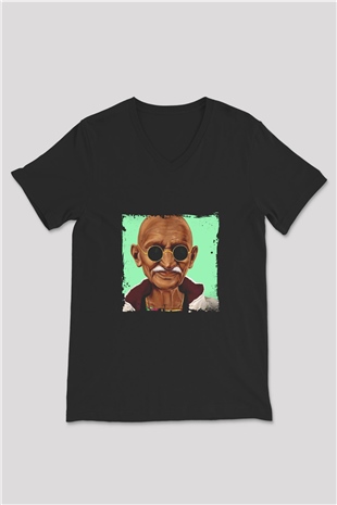 Mahatma Gandi Baskılı Unisex Siyah V Yaka Tişört