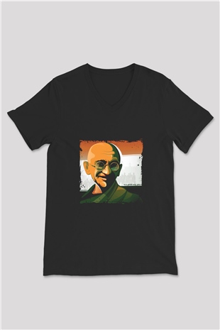 Mahatma Gandi Baskılı Unisex Siyah V Yaka Tişört
