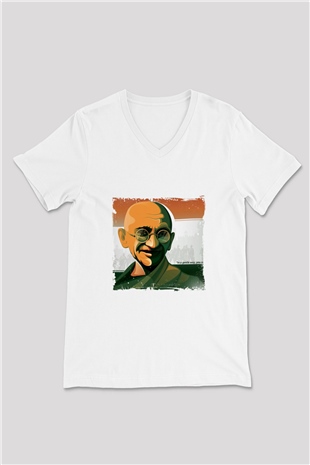 Mahatma Gandi Baskılı V Yaka Unisex Beyaz Tişört