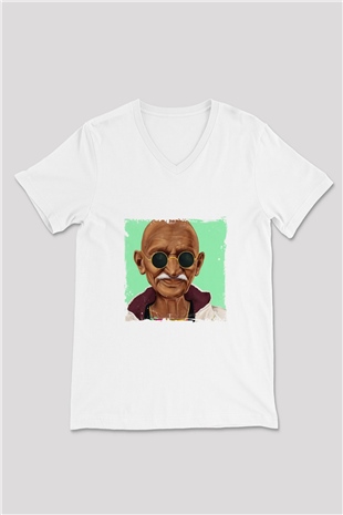 Mahatma Gandi Baskılı V Yaka Unisex Beyaz Tişört