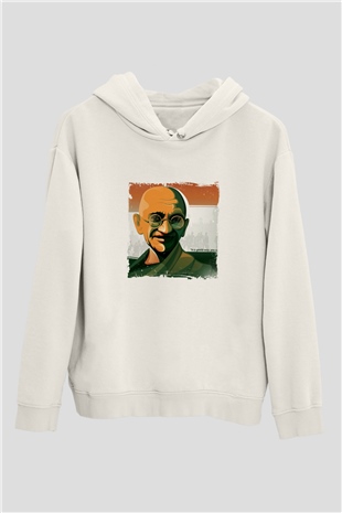 Mahatma Gandi Unisex Baskılı Beyaz Kapüşonlu Sweatshirt