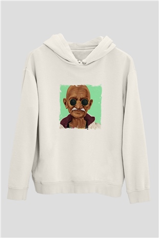 Mahatma Gandi Unisex Baskılı Beyaz Kapüşonlu Sweatshirt