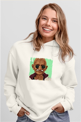 Mahatma Gandi Unisex Baskılı Beyaz Kapüşonlu Sweatshirt