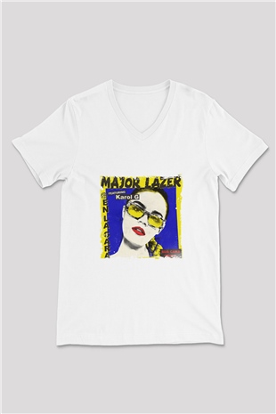 Major Lazer Baskılı Beyaz V Yaka Unisex Tişört