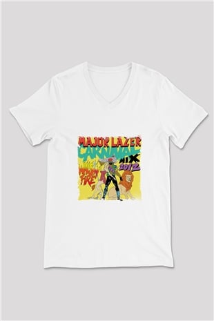 Major Lazer Baskılı Beyaz V Yaka Unisex Tişört