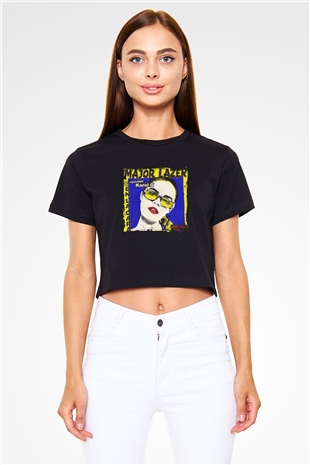 Major Lazer Baskılı Crop Top Siyah Kadın Tişört