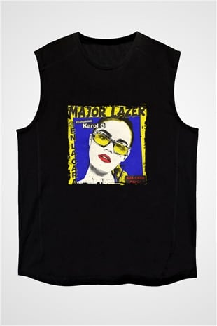 Major Lazer Baskılı Unisex Siyah Kolsuz Tişört