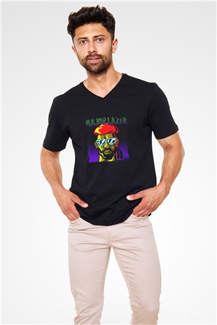 Major Lazer Baskılı Unisex Siyah V Yaka Tişört